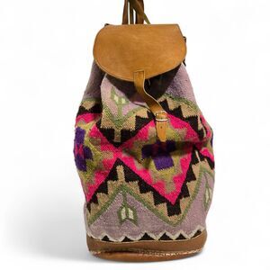 Vintage Handmade Ecuador 100% Wool Colorful Kilim Rug Hike Travel Backpack 19"